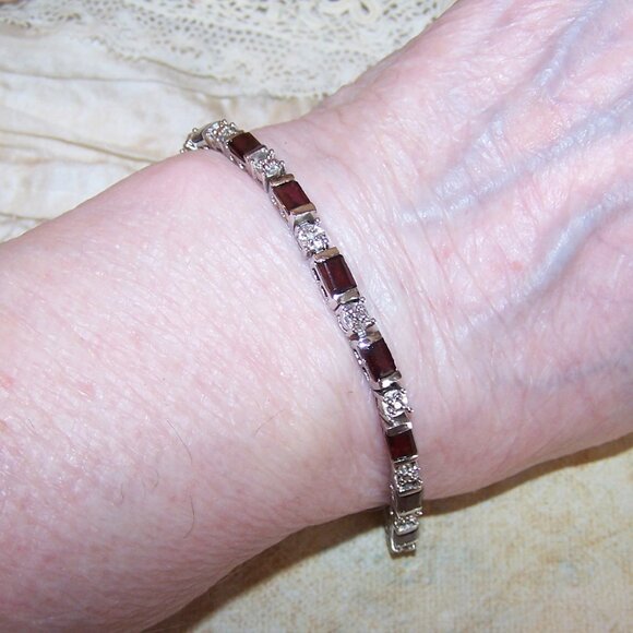 FAS Sterling Silver Garnet Diamond Tennis Bracelet - 7.25" Wearable Length - Picture 2 of 7